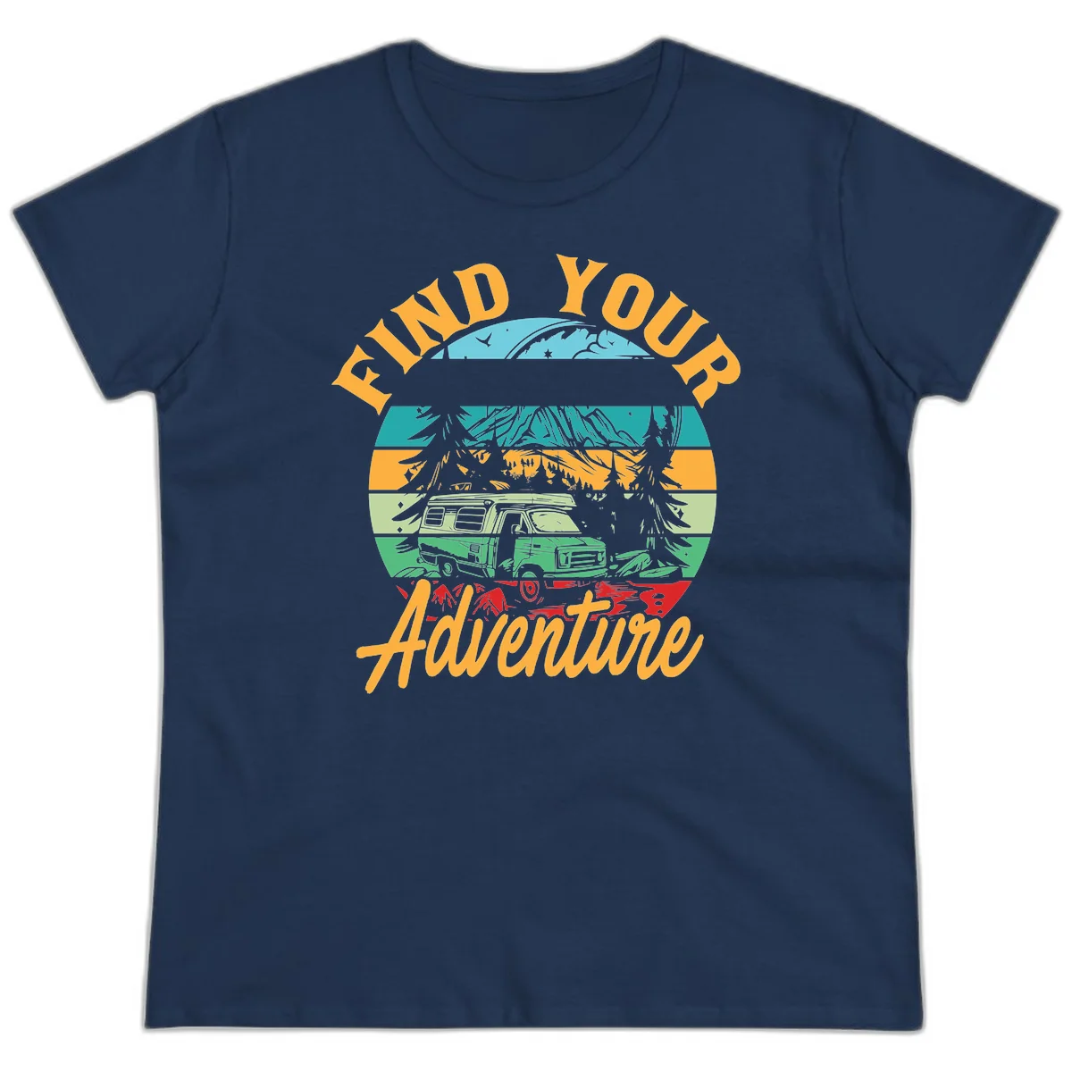 Retro illustration of camper van in mountains with 'Find Your Adventure' text, featuring colorful horizontal stripes and forest scenery. in Navy