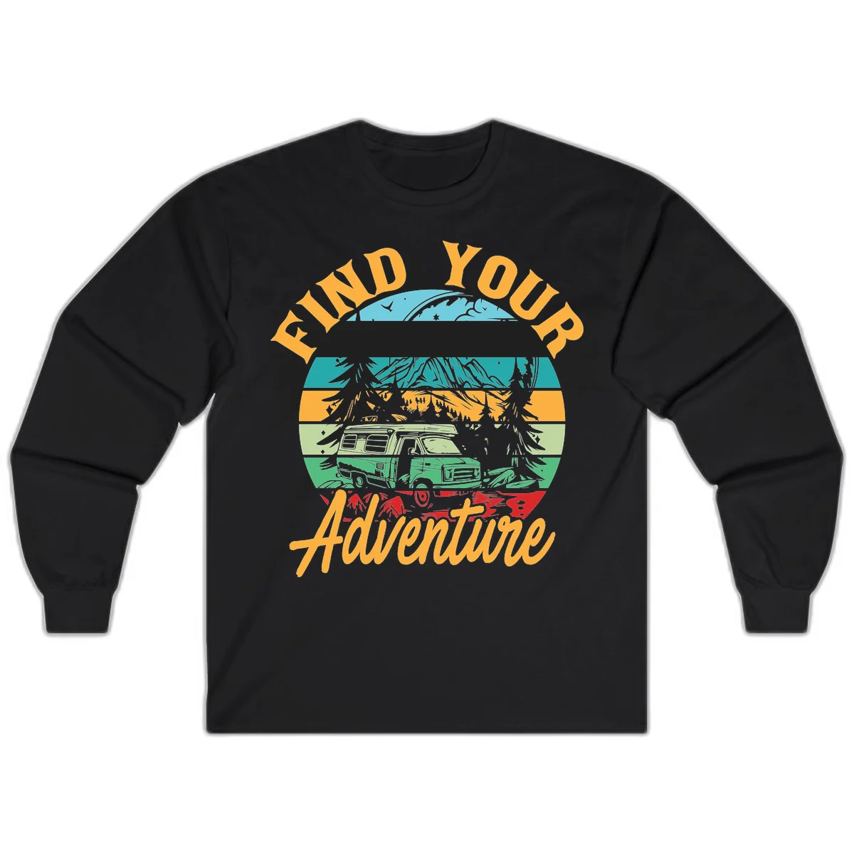 Retro illustration of camper van in mountains with 'Find Your Adventure' text, featuring colorful horizontal stripes and forest scenery. in Black
