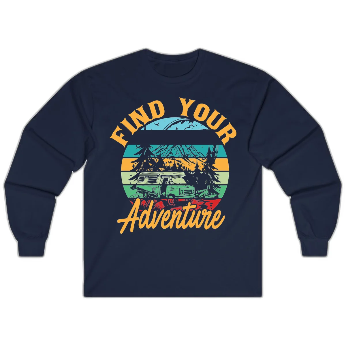 Retro illustration of camper van in mountains with 'Find Your Adventure' text, featuring colorful horizontal stripes and forest scenery. in Navy