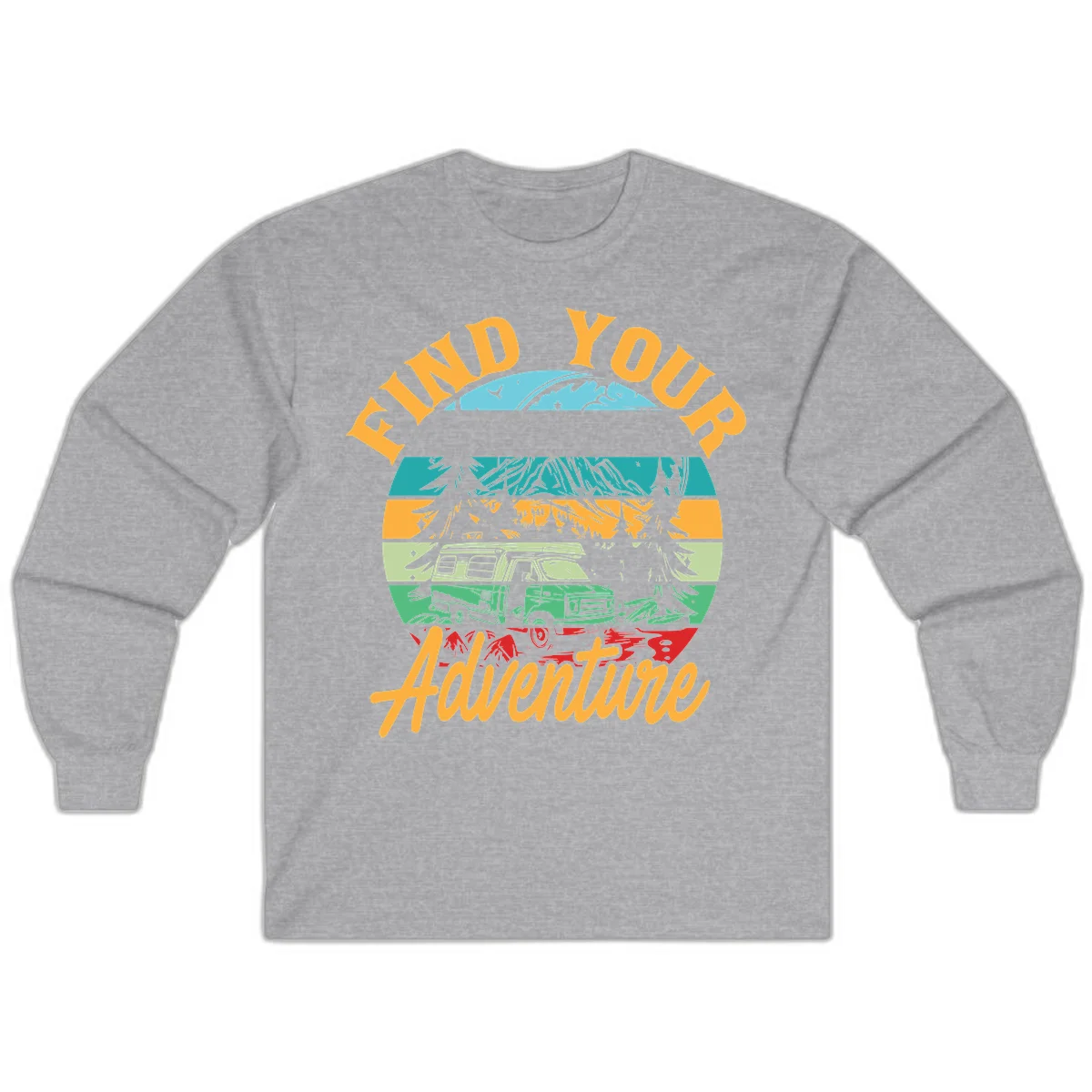 Retro illustration of camper van in mountains with 'Find Your Adventure' text, featuring colorful horizontal stripes and forest scenery. in Sport Grey