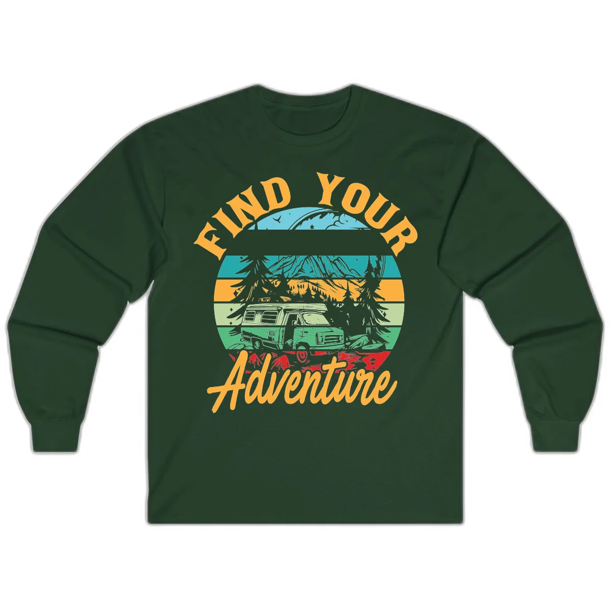 Retro illustration of camper van in mountains with 'Find Your Adventure' text, featuring colorful horizontal stripes and forest scenery. in Forest Green