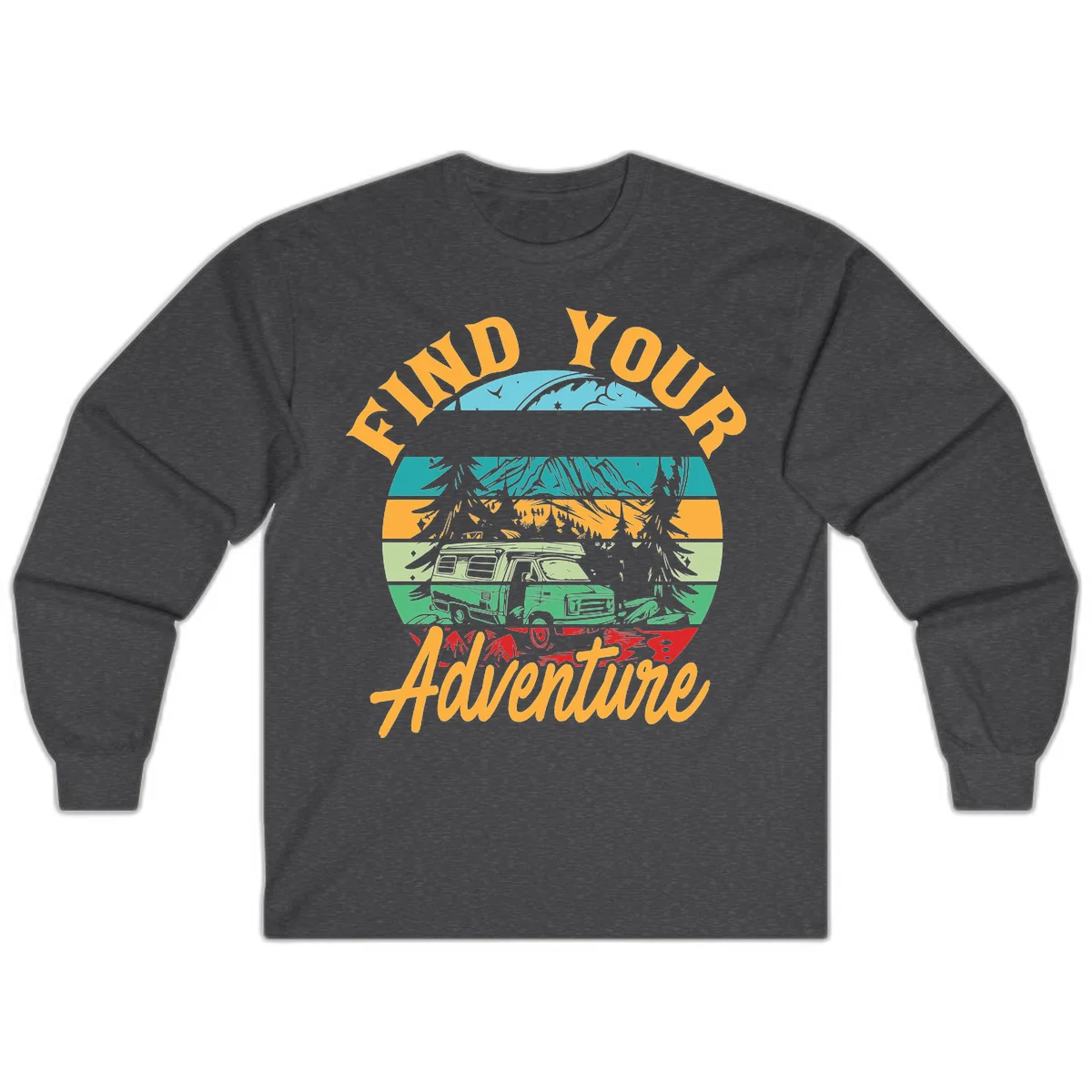 Retro illustration of camper van in mountains with 'Find Your Adventure' text, featuring colorful horizontal stripes and forest scenery. in Dark Heather