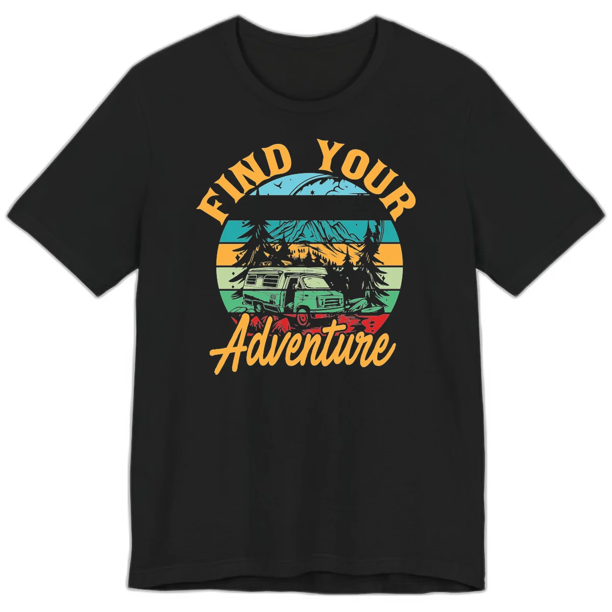 Retro illustration of camper van in mountains with 'Find Your Adventure' text, featuring colorful horizontal stripes and forest scenery. in Black