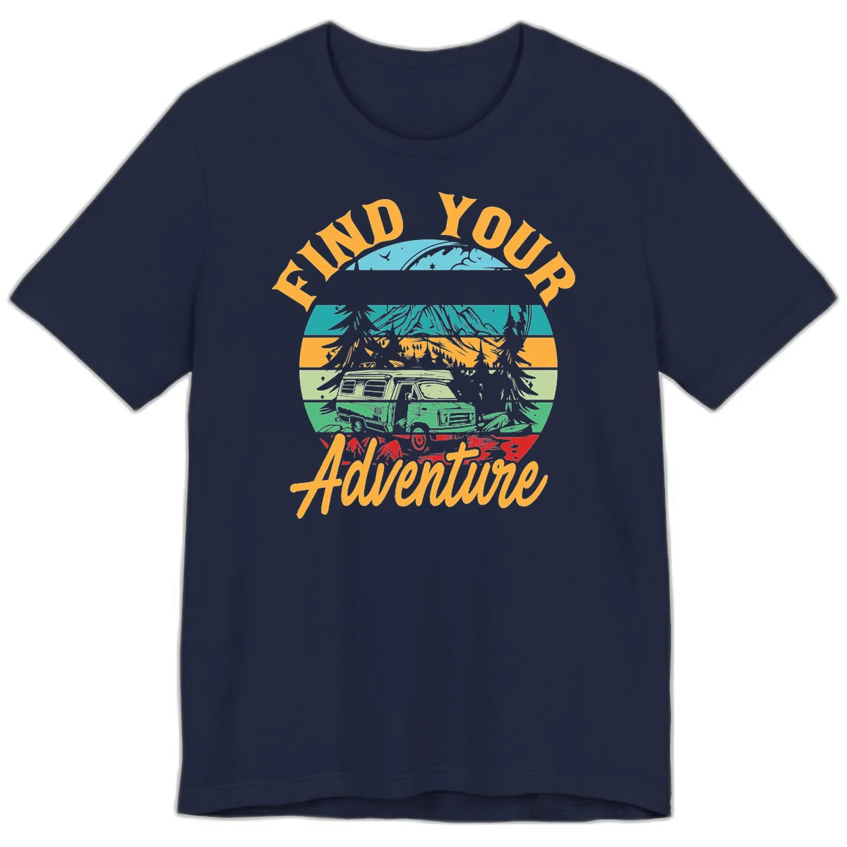 Retro illustration of camper van in mountains with 'Find Your Adventure' text, featuring colorful horizontal stripes and forest scenery. in Navy