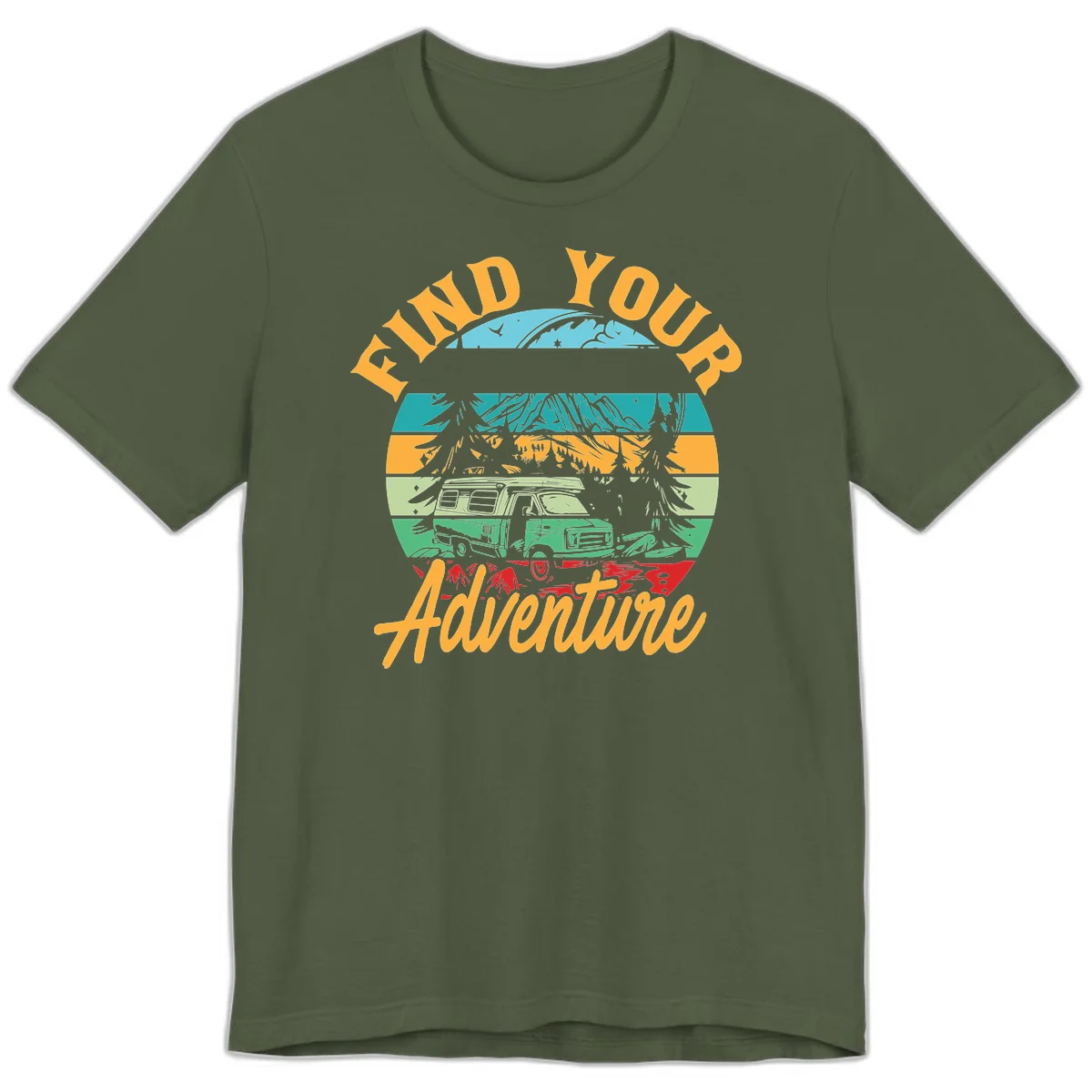 Retro illustration of camper van in mountains with 'Find Your Adventure' text, featuring colorful horizontal stripes and forest scenery. in Military Green
