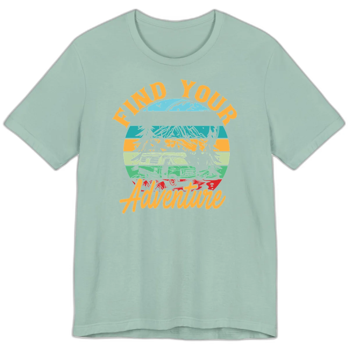 Retro illustration of camper van in mountains with 'Find Your Adventure' text, featuring colorful horizontal stripes and forest scenery. in Dusty Blue