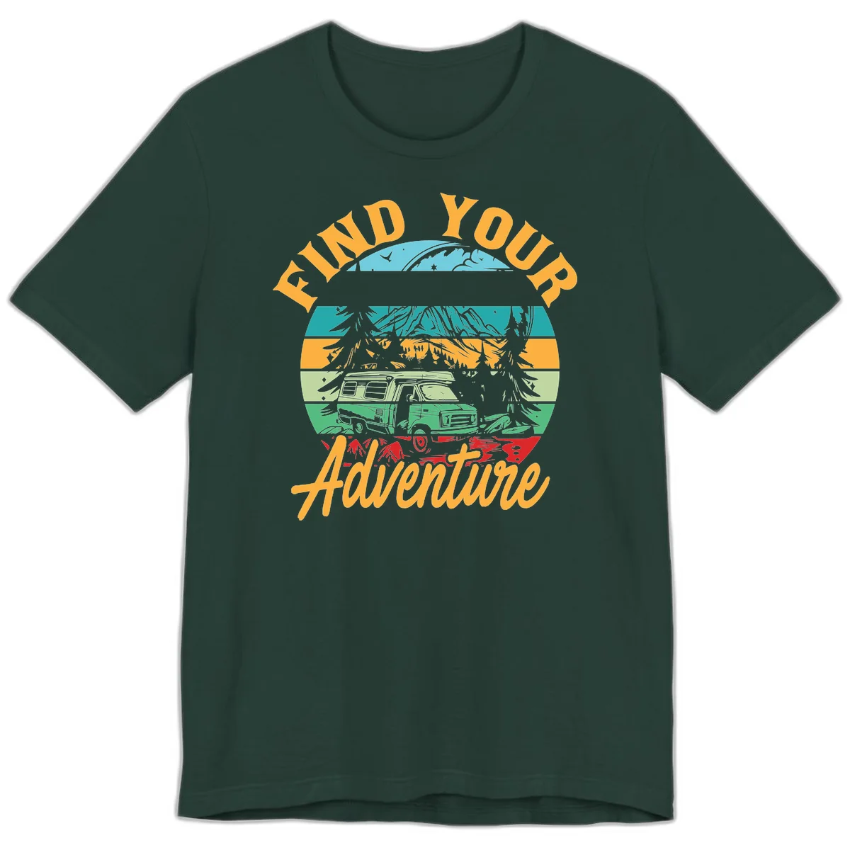 Retro illustration of camper van in mountains with 'Find Your Adventure' text, featuring colorful horizontal stripes and forest scenery. in Forest
