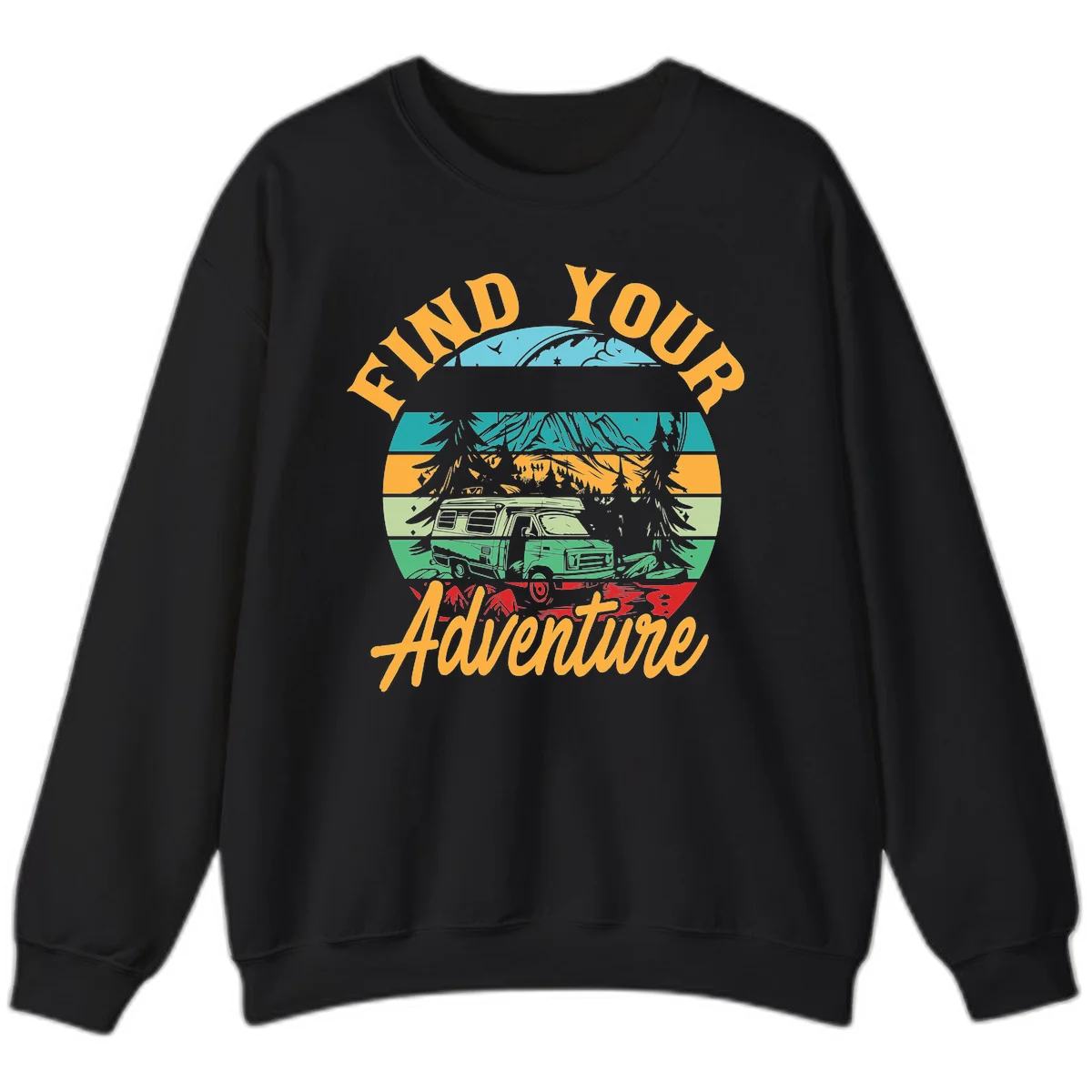Retro illustration of camper van in mountains with 'Find Your Adventure' text, featuring colorful horizontal stripes and forest scenery. in Black