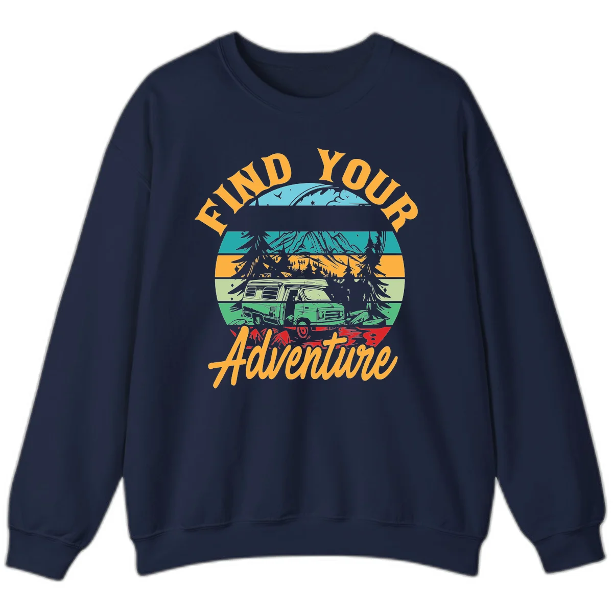 Retro illustration of camper van in mountains with 'Find Your Adventure' text, featuring colorful horizontal stripes and forest scenery. in Navy
