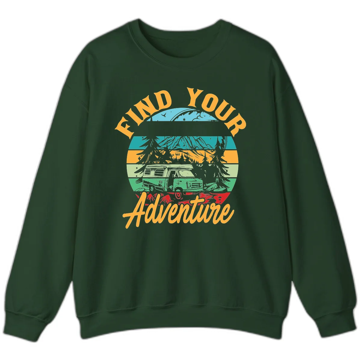 Retro illustration of camper van in mountains with 'Find Your Adventure' text, featuring colorful horizontal stripes and forest scenery. in Forest Green