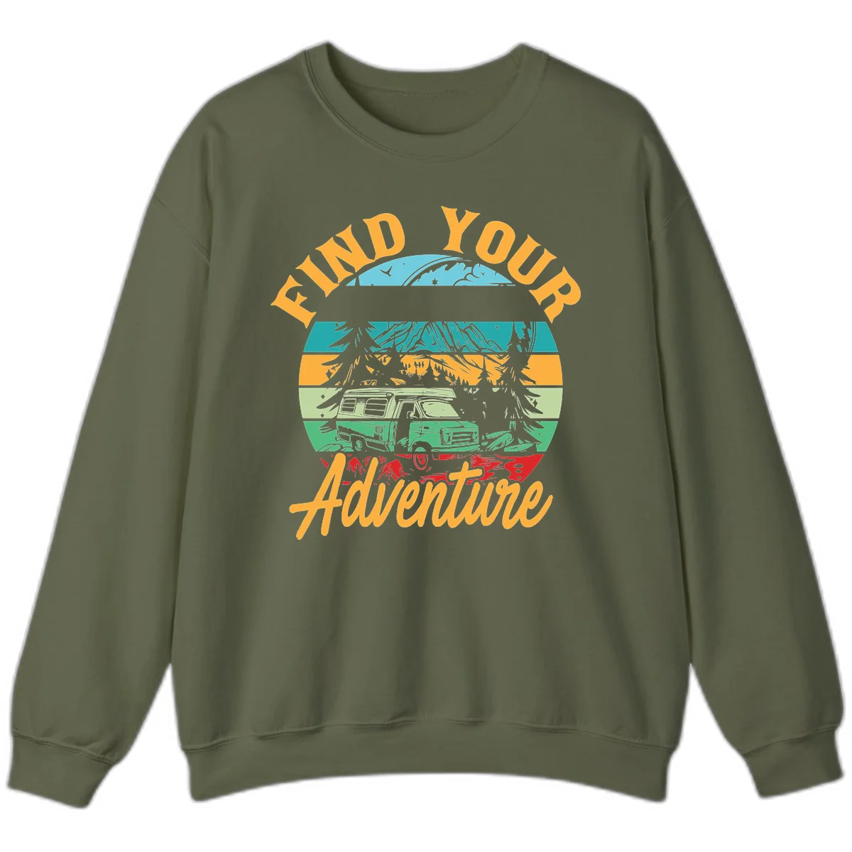 Retro illustration of camper van in mountains with 'Find Your Adventure' text, featuring colorful horizontal stripes and forest scenery. in Military Green