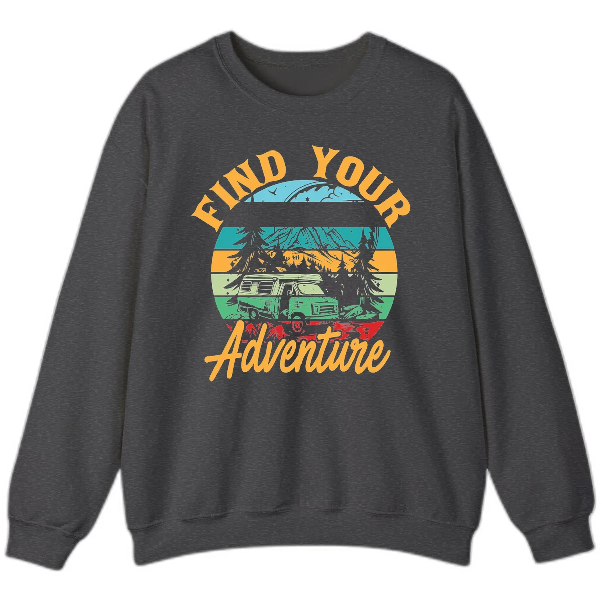 Retro illustration of camper van in mountains with 'Find Your Adventure' text, featuring colorful horizontal stripes and forest scenery. in Dark Heather