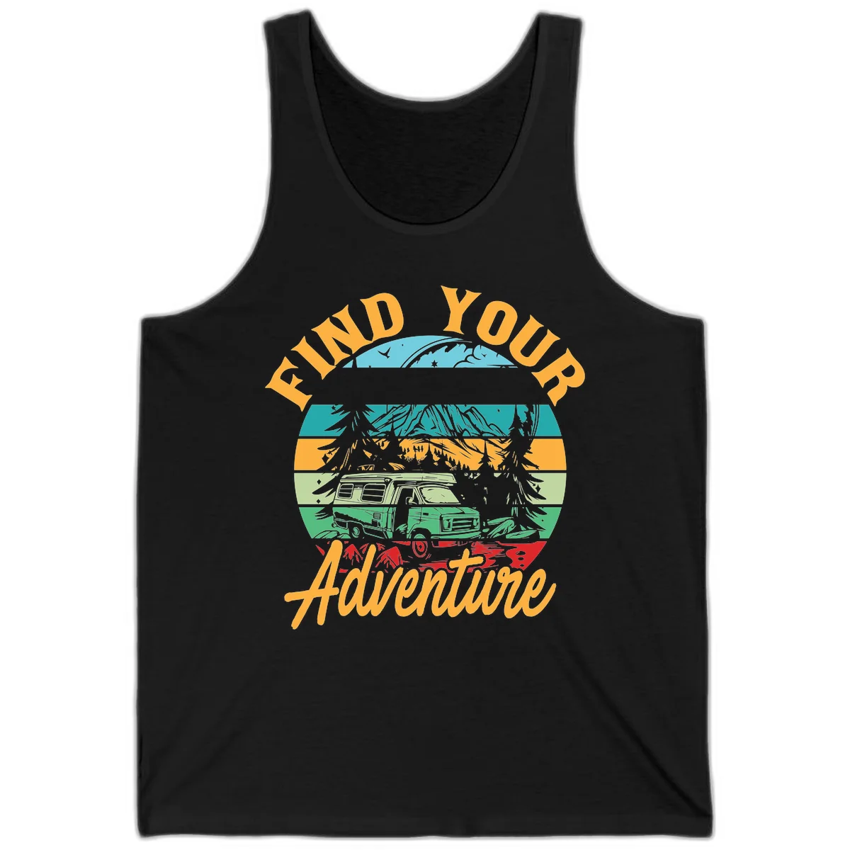Retro illustration of camper van in mountains with 'Find Your Adventure' text, featuring colorful horizontal stripes and forest scenery. in Black
