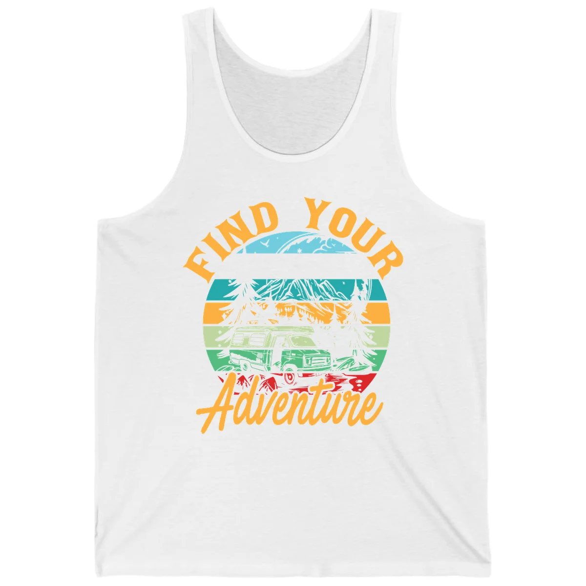 Retro illustration of camper van in mountains with 'Find Your Adventure' text, featuring colorful horizontal stripes and forest scenery. in White