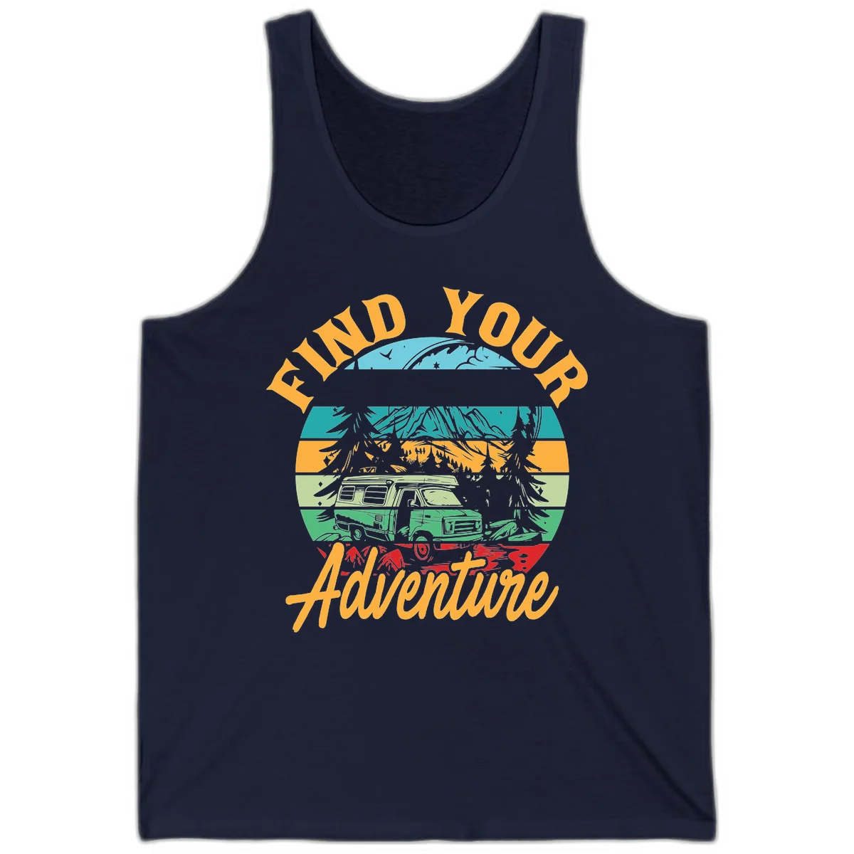 Retro illustration of camper van in mountains with 'Find Your Adventure' text, featuring colorful horizontal stripes and forest scenery. in Navy