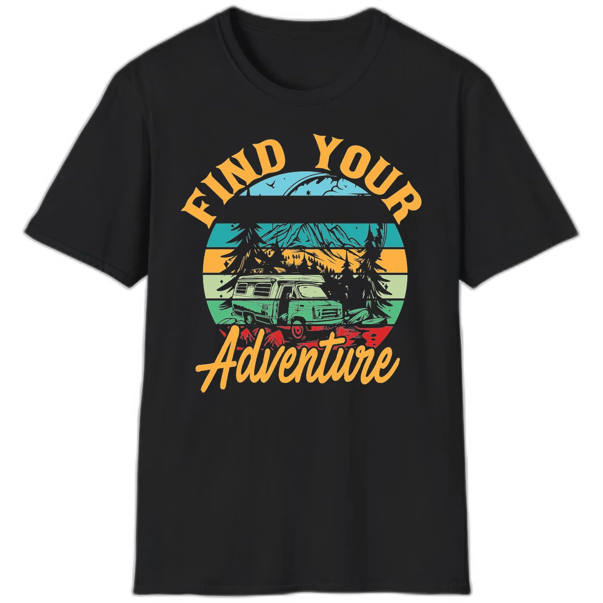 Retro illustration of camper van in mountains with 'Find Your Adventure' text, featuring colorful horizontal stripes and forest scenery. in Black