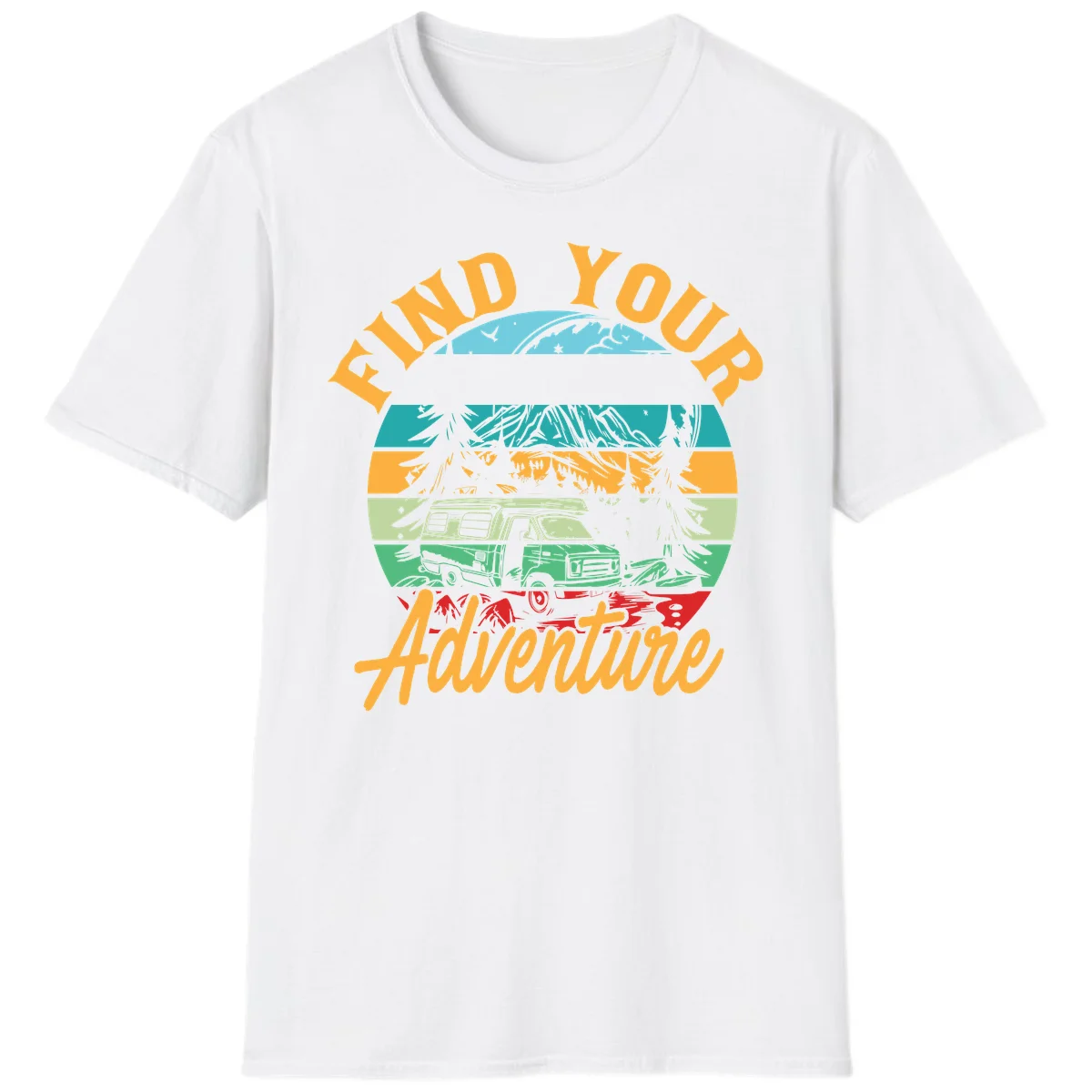 Retro illustration of camper van in mountains with 'Find Your Adventure' text, featuring colorful horizontal stripes and forest scenery. in White