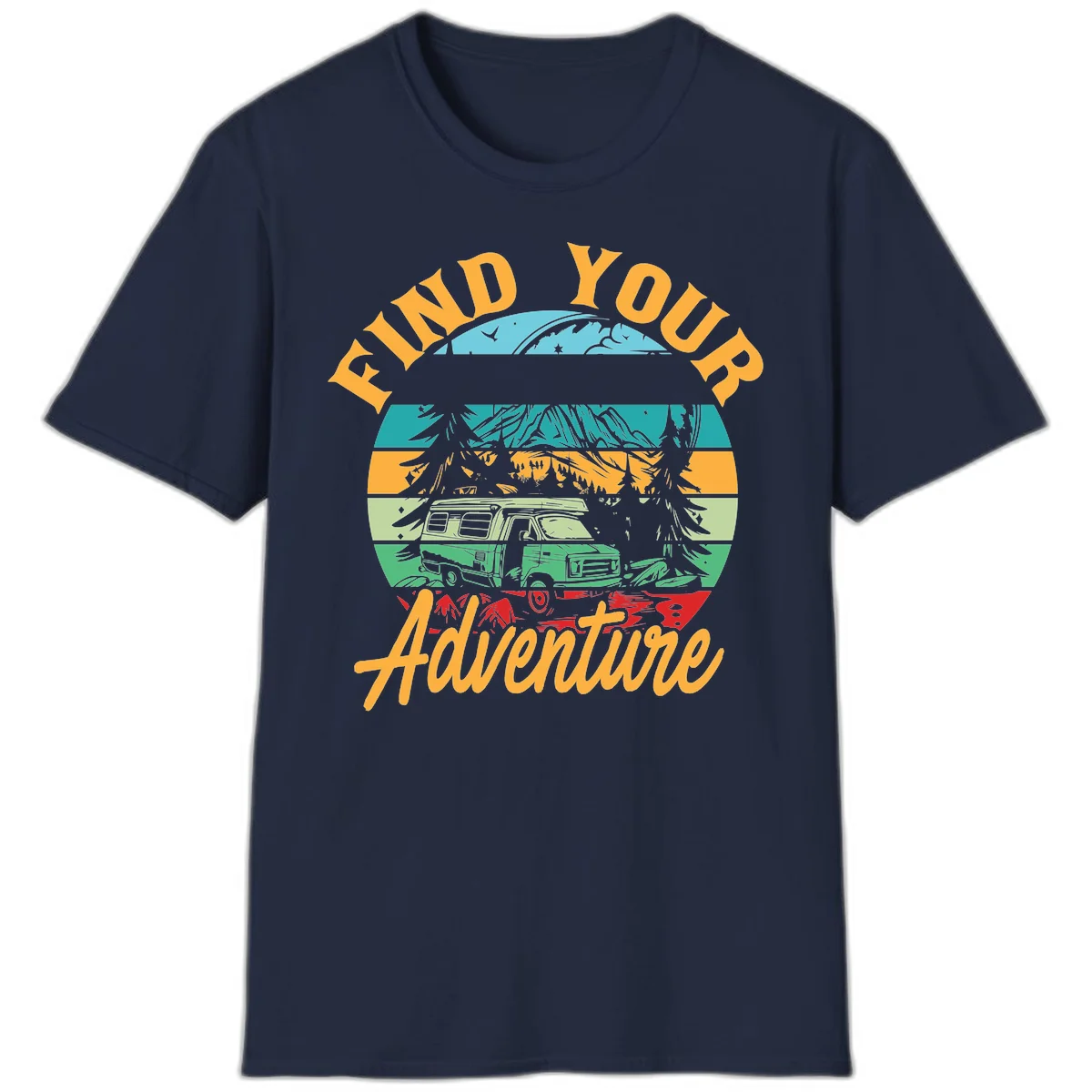 Retro illustration of camper van in mountains with 'Find Your Adventure' text, featuring colorful horizontal stripes and forest scenery. in Navy