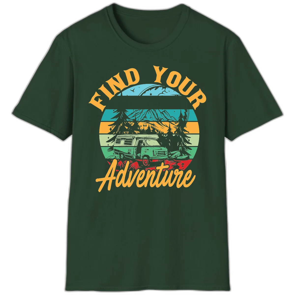 Retro illustration of camper van in mountains with 'Find Your Adventure' text, featuring colorful horizontal stripes and forest scenery. in Forest Green