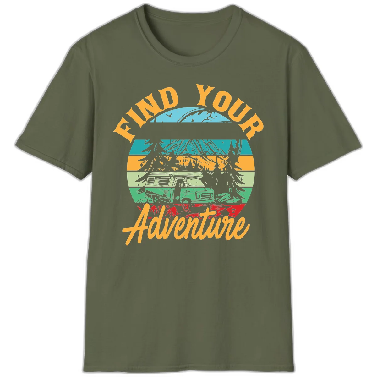 Retro illustration of camper van in mountains with 'Find Your Adventure' text, featuring colorful horizontal stripes and forest scenery. in Military Green