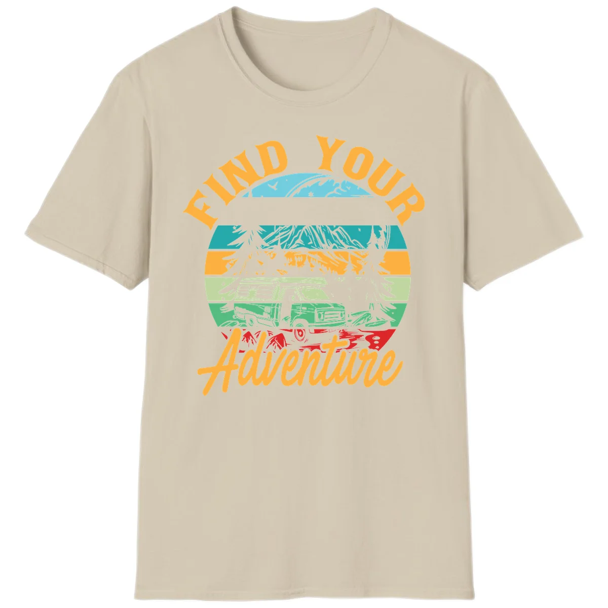 Retro illustration of camper van in mountains with 'Find Your Adventure' text, featuring colorful horizontal stripes and forest scenery. in Sand