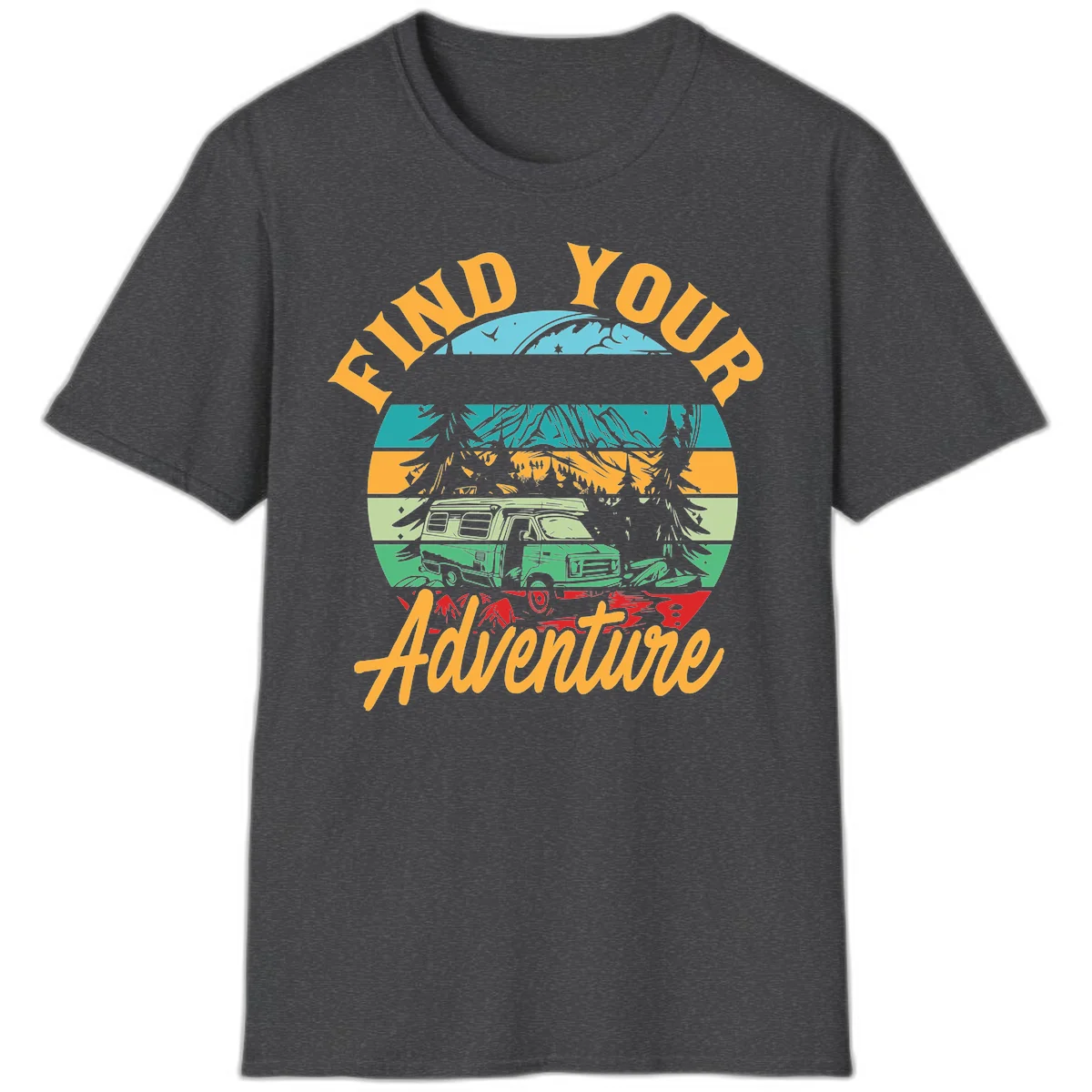 Retro illustration of camper van in mountains with 'Find Your Adventure' text, featuring colorful horizontal stripes and forest scenery. in Dark Heather