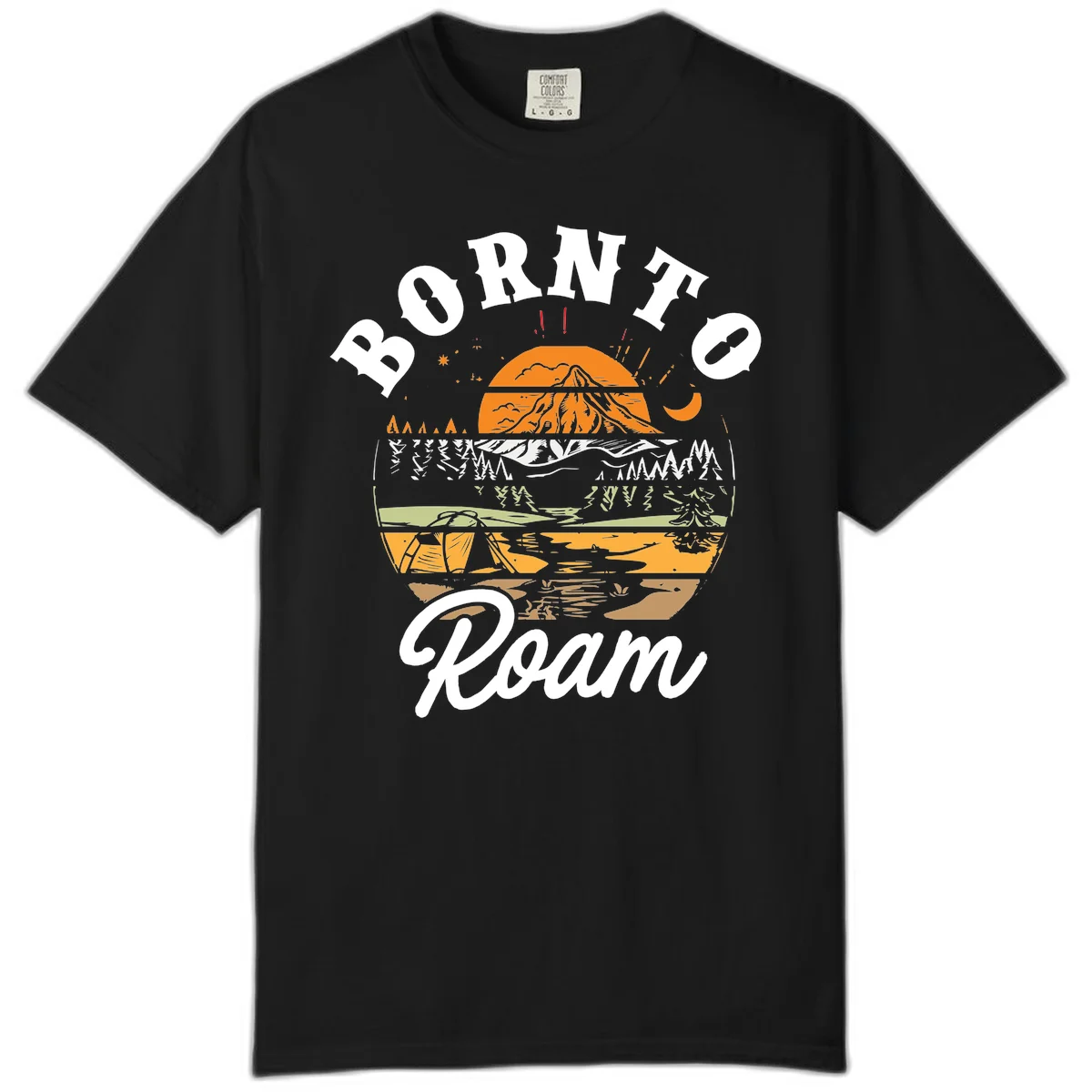 Born to roam camping design featuring layered mountain landscape with roots, forest, and campfire elements in orange, white, and gray. in Black
