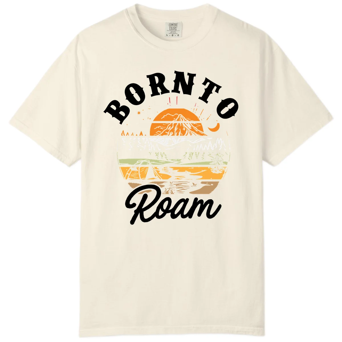 Born to roam camping design featuring layered mountain landscape with roots, forest, and campfire elements in orange, white, and gray. in Ivory