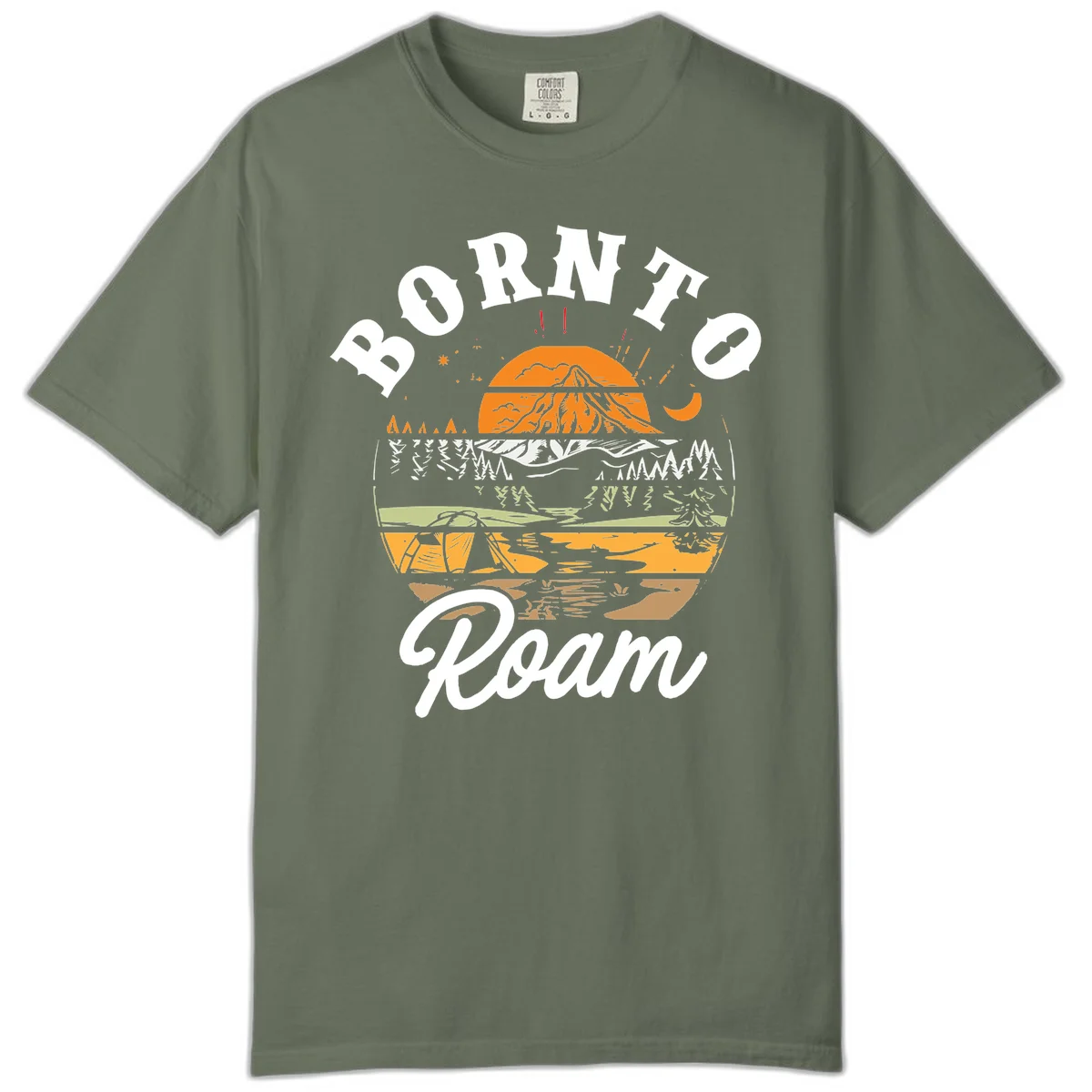 Born to roam camping design featuring layered mountain landscape with roots, forest, and campfire elements in orange, white, and gray. in Moss