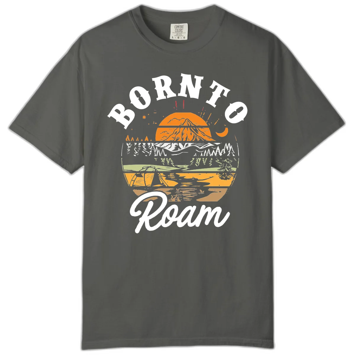 Born to roam camping design featuring layered mountain landscape with roots, forest, and campfire elements in orange, white, and gray. in Pepper