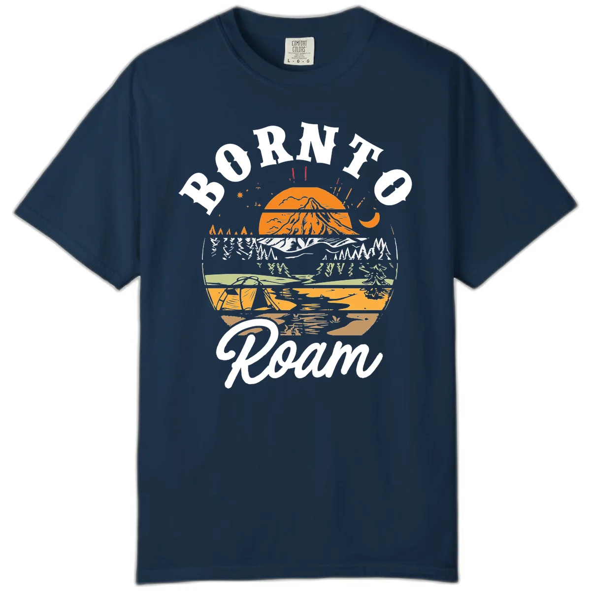 Born to roam camping design featuring layered mountain landscape with roots, forest, and campfire elements in orange, white, and gray. in True Navy