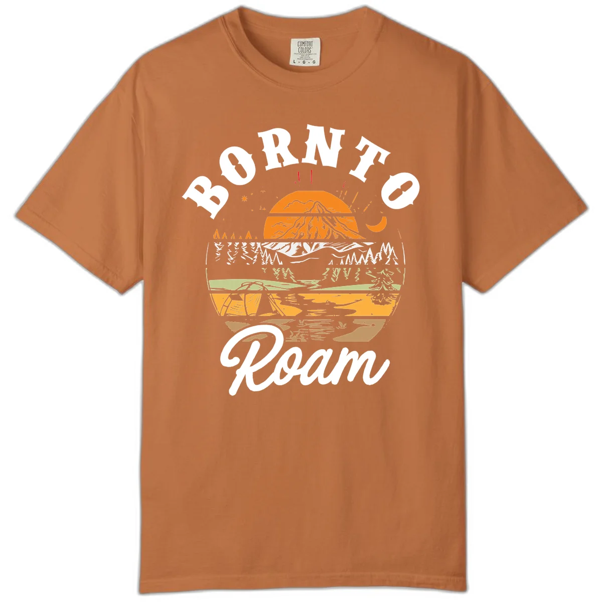 Born to roam camping design featuring layered mountain landscape with roots, forest, and campfire elements in orange, white, and gray. in Yam