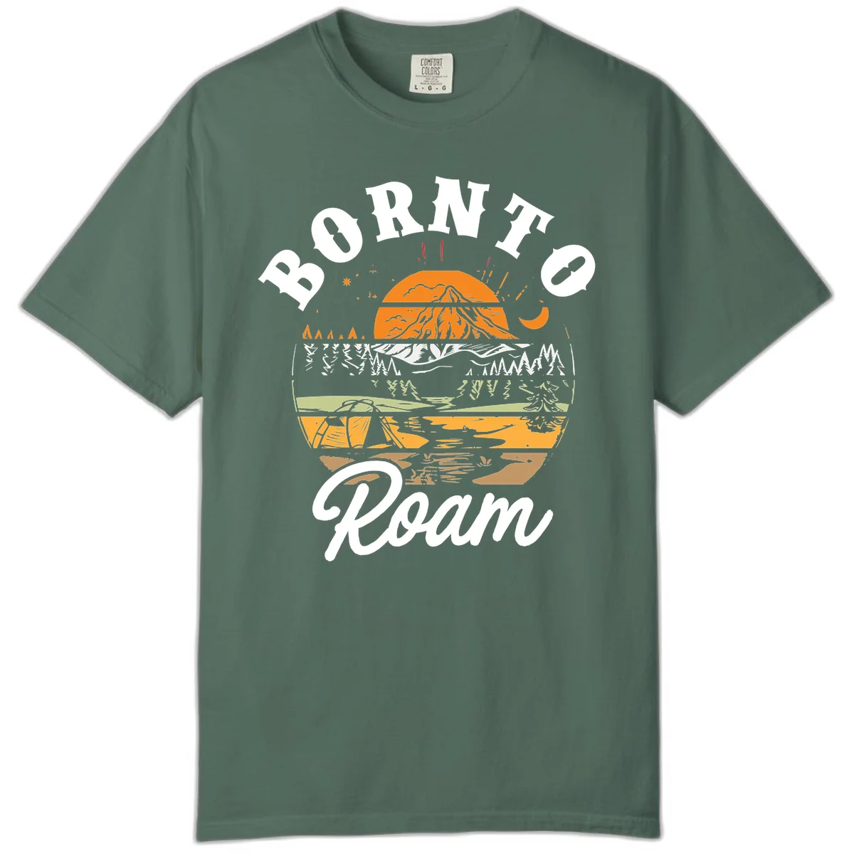 Born to roam camping design featuring layered mountain landscape with roots, forest, and campfire elements in orange, white, and gray. in Blue Spruce