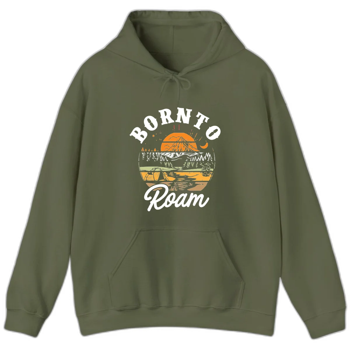 Born to roam camping design featuring layered mountain landscape with roots, forest, and campfire elements in orange, white, and gray. in Military Green