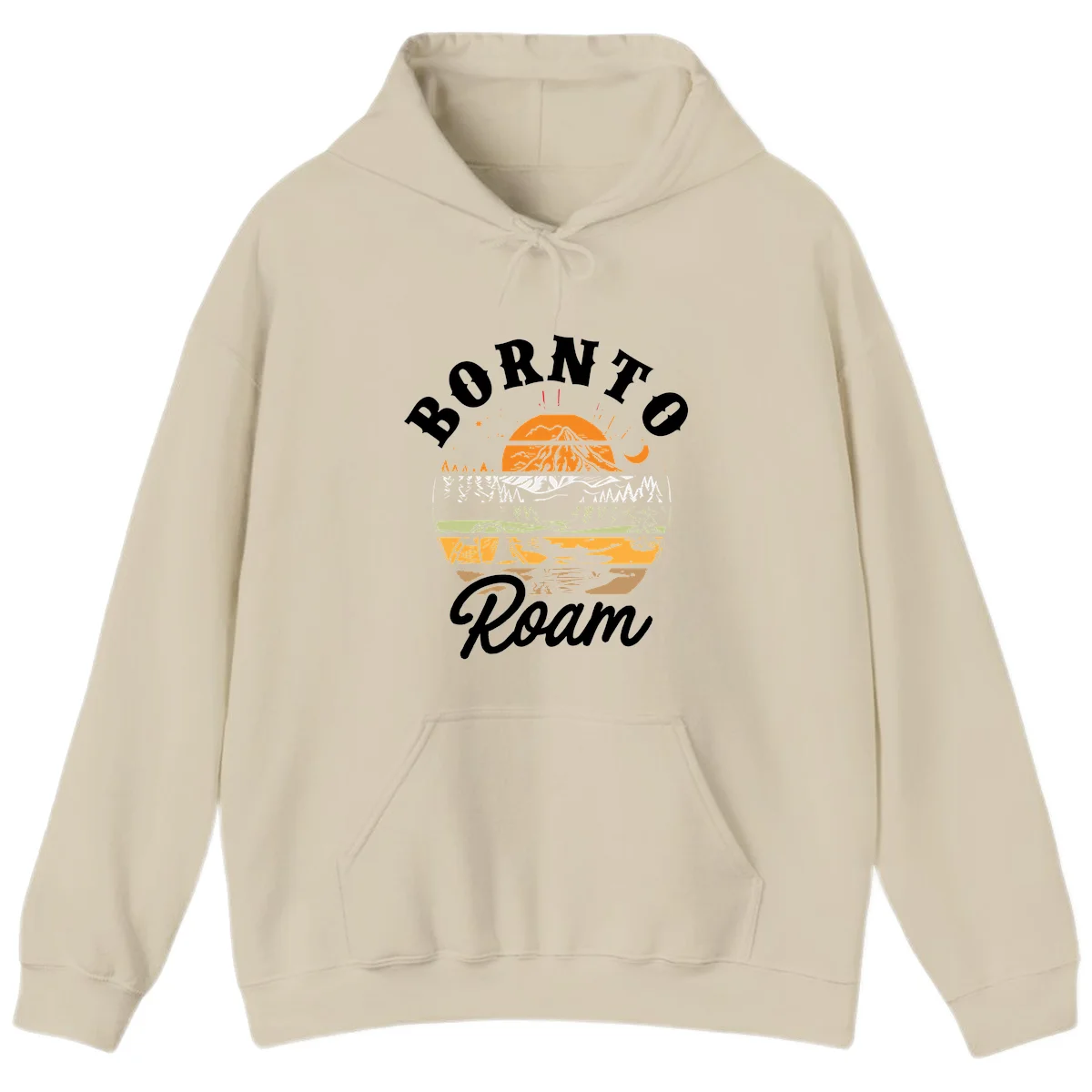 Born to roam camping design featuring layered mountain landscape with roots, forest, and campfire elements in orange, white, and gray. in Sand