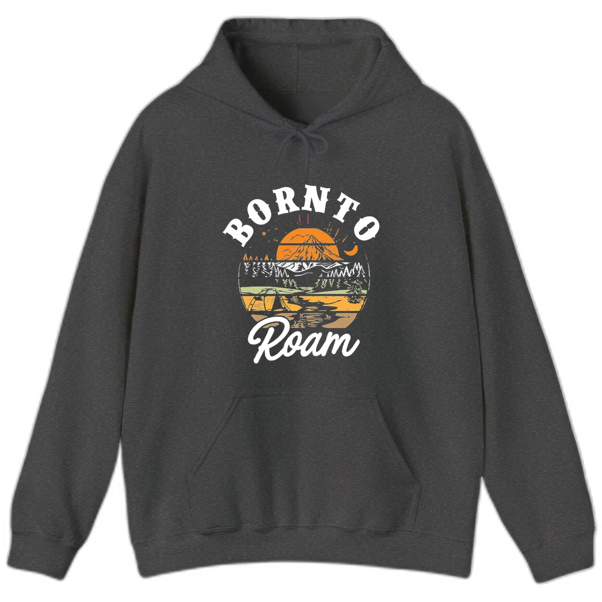 Born to roam camping design featuring layered mountain landscape with roots, forest, and campfire elements in orange, white, and gray. in Dark Heather