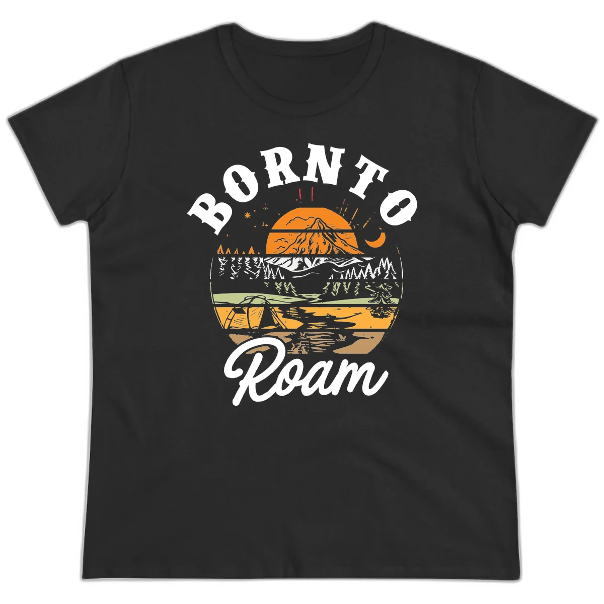 Born to roam camping design featuring layered mountain landscape with roots, forest, and campfire elements in orange, white, and gray. in Black