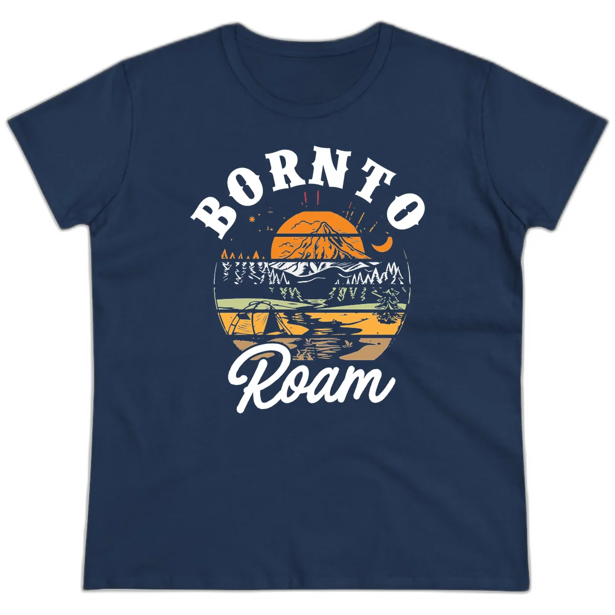 Born to roam camping design featuring layered mountain landscape with roots, forest, and campfire elements in orange, white, and gray. in Navy