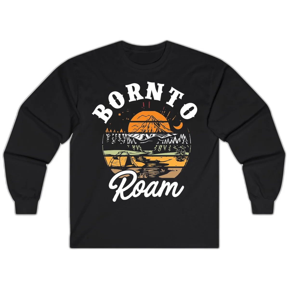 Born to roam camping design featuring layered mountain landscape with roots, forest, and campfire elements in orange, white, and gray. in Black