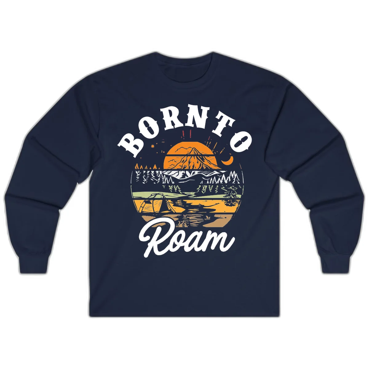 Born to roam camping design featuring layered mountain landscape with roots, forest, and campfire elements in orange, white, and gray. in Navy