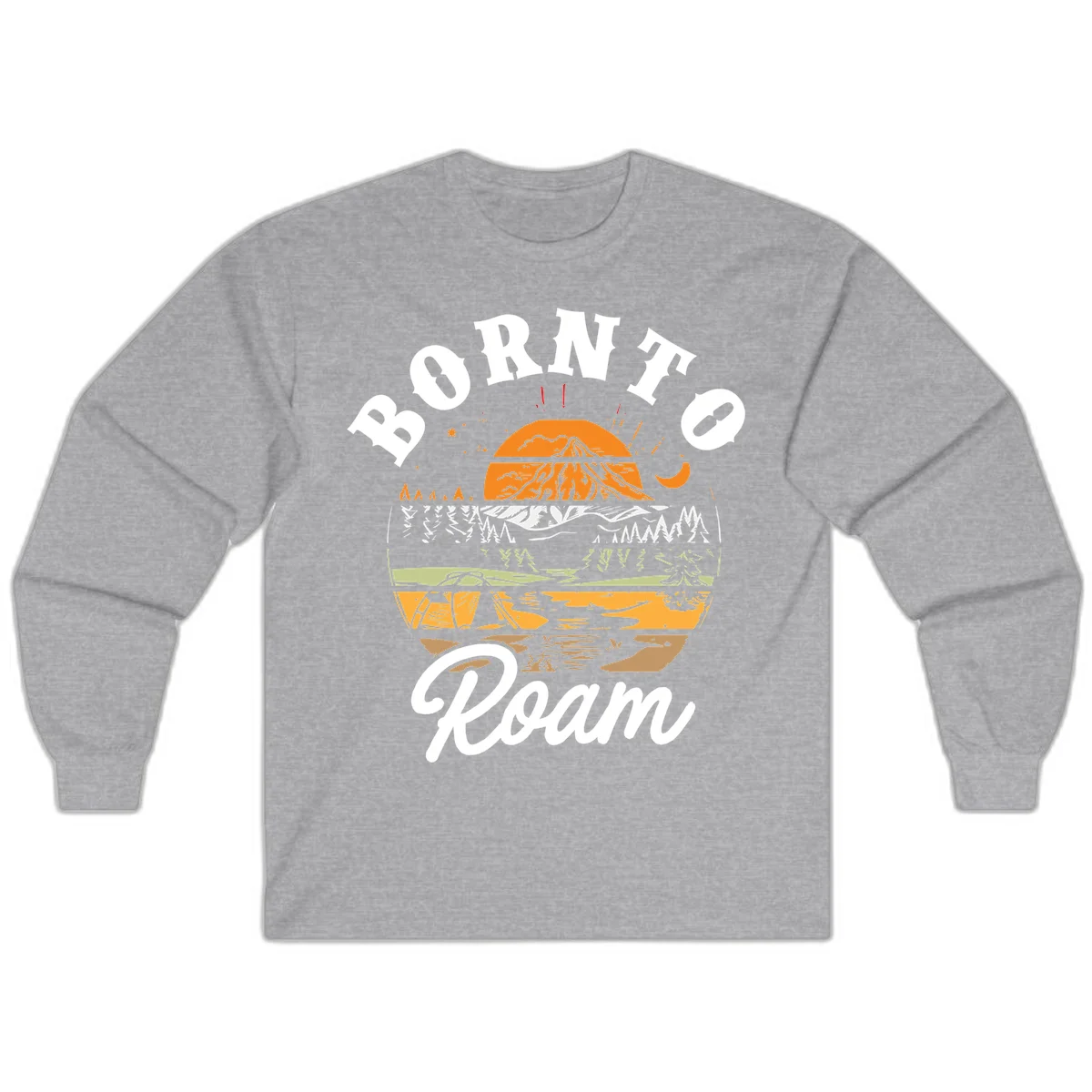 Born to roam camping design featuring layered mountain landscape with roots, forest, and campfire elements in orange, white, and gray. in Sport Grey