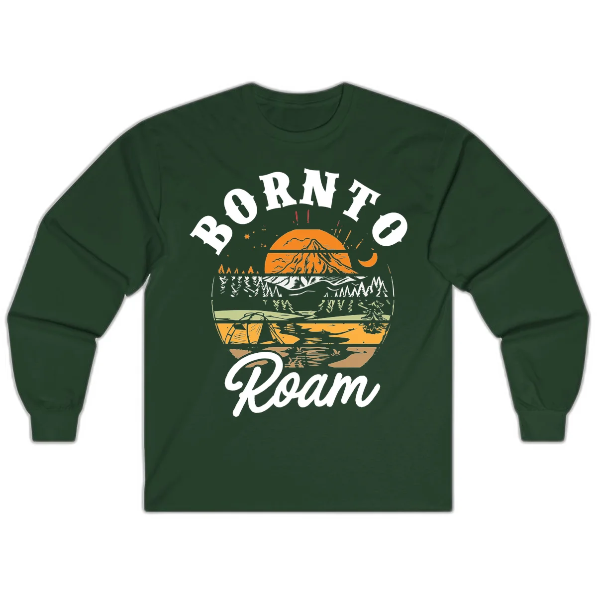 Born to roam camping design featuring layered mountain landscape with roots, forest, and campfire elements in orange, white, and gray. in Forest Green