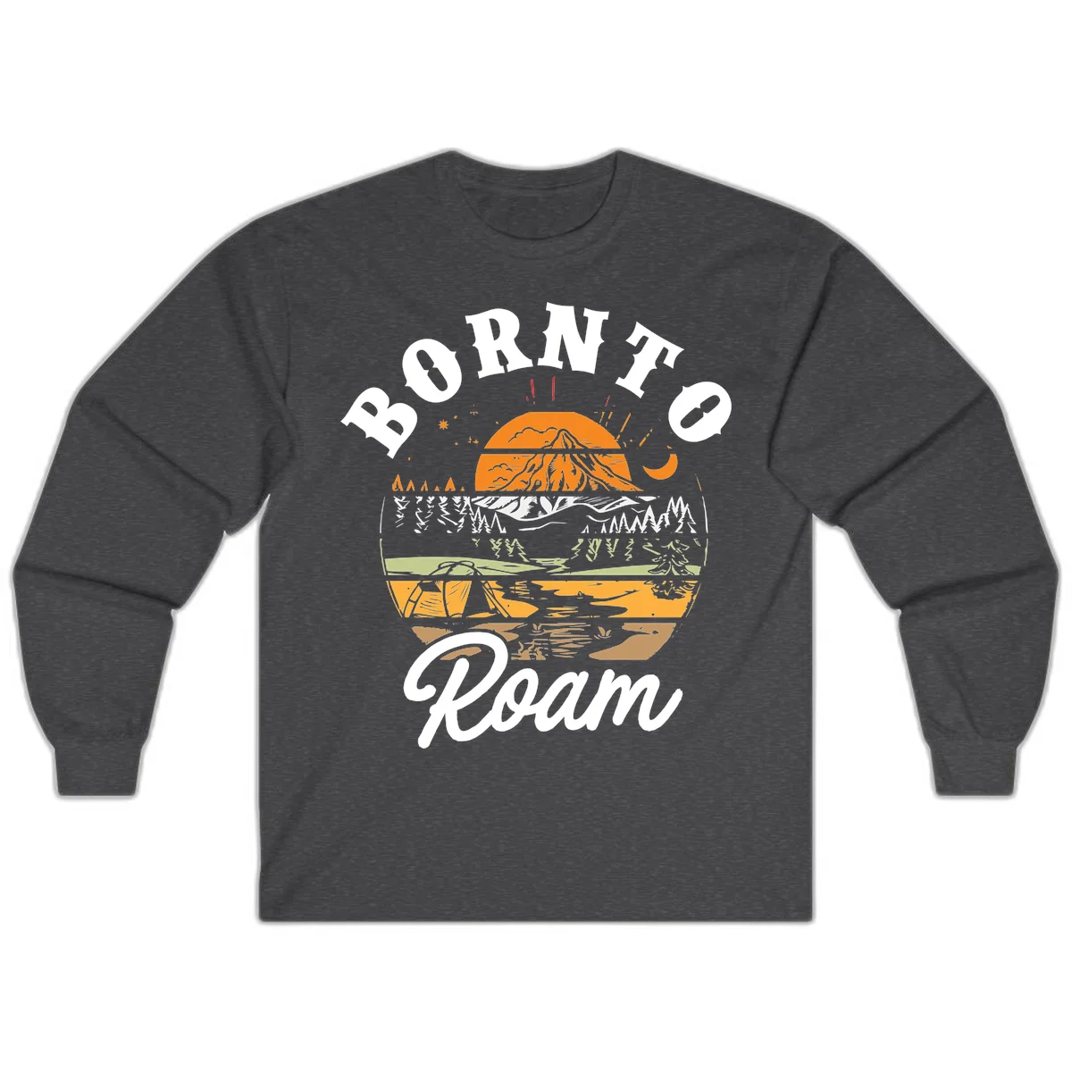 Born to roam camping design featuring layered mountain landscape with roots, forest, and campfire elements in orange, white, and gray. in Dark Heather