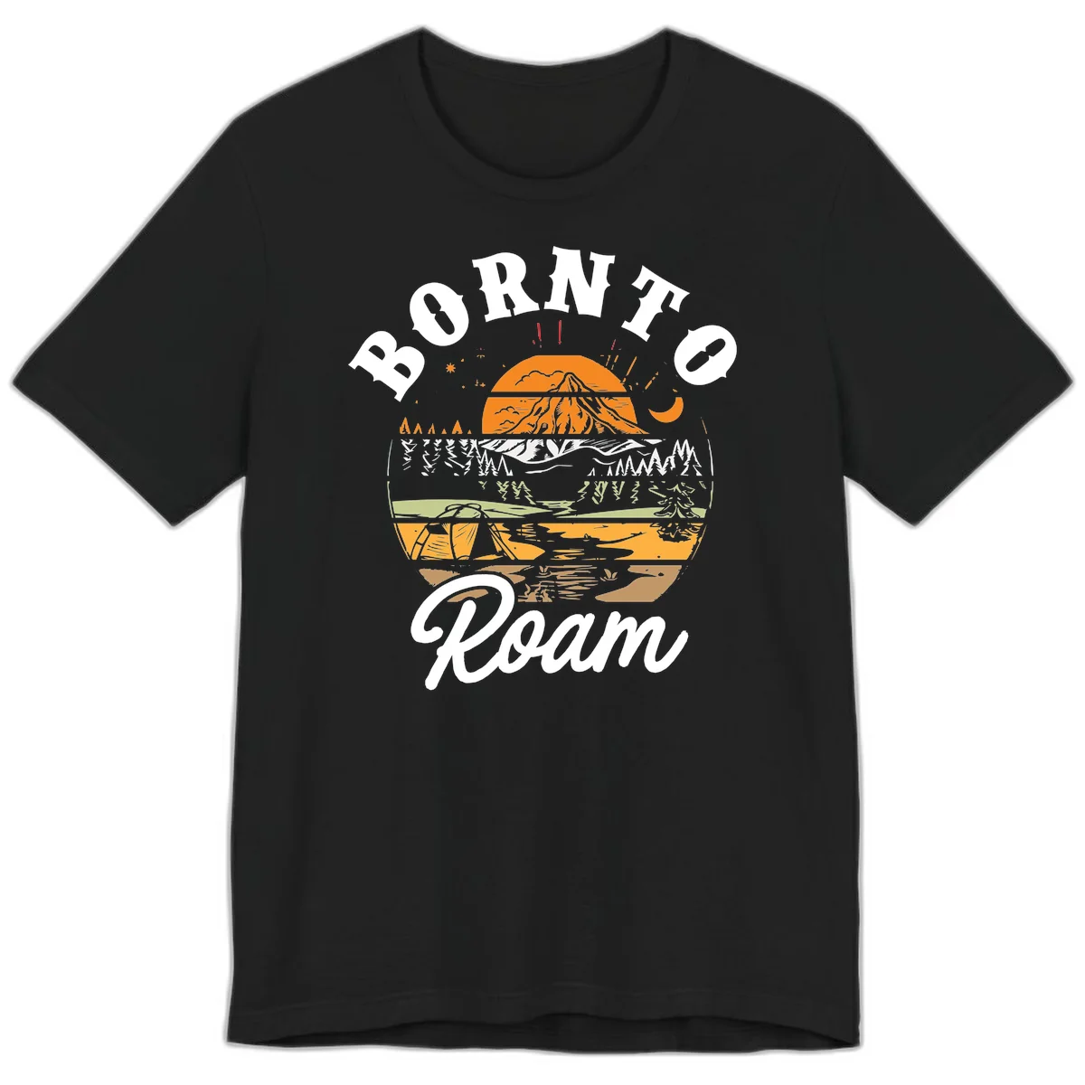 Born to roam camping design featuring layered mountain landscape with roots, forest, and campfire elements in orange, white, and gray. in Black