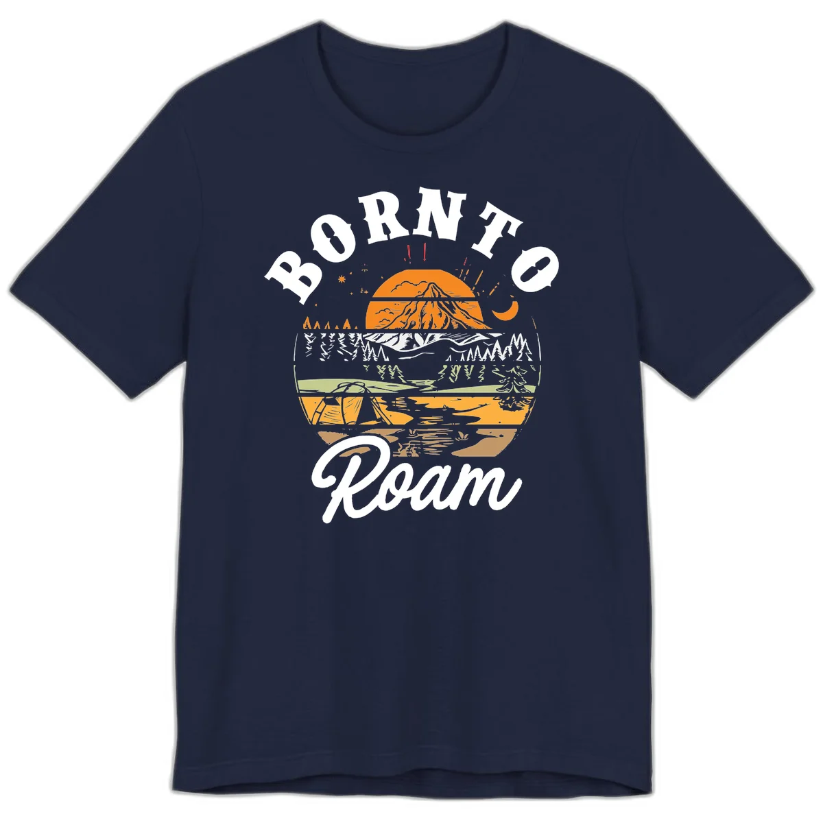 Born to roam camping design featuring layered mountain landscape with roots, forest, and campfire elements in orange, white, and gray. in Navy