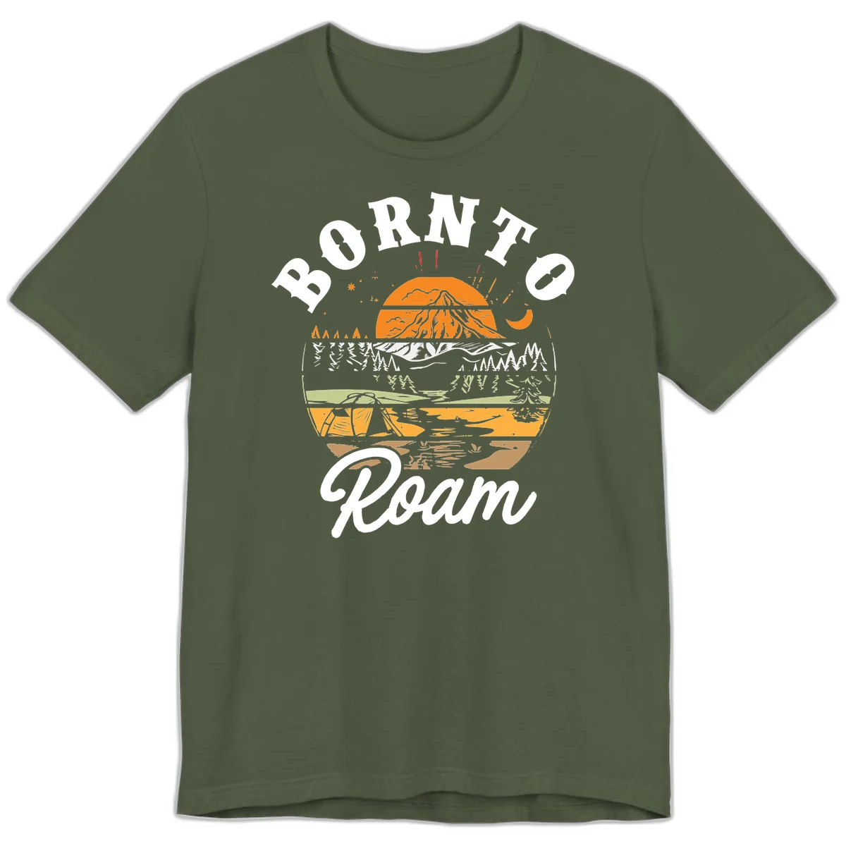 Born to roam camping design featuring layered mountain landscape with roots, forest, and campfire elements in orange, white, and gray. in Military Green
