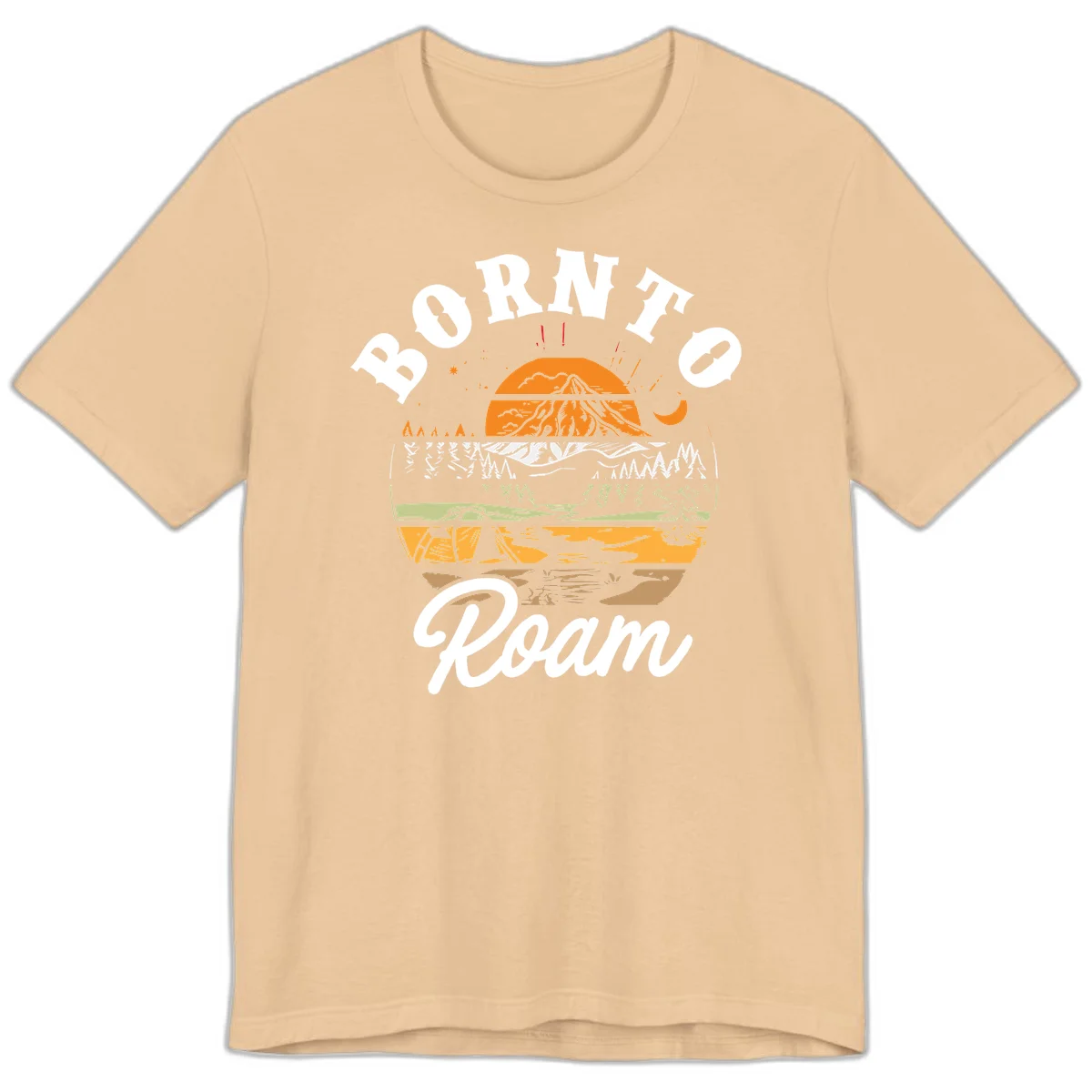 Born to roam camping design featuring layered mountain landscape with roots, forest, and campfire elements in orange, white, and gray. in Sand Dune