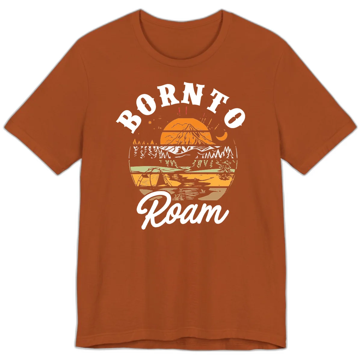 Born to roam camping design featuring layered mountain landscape with roots, forest, and campfire elements in orange, white, and gray. in Autumn