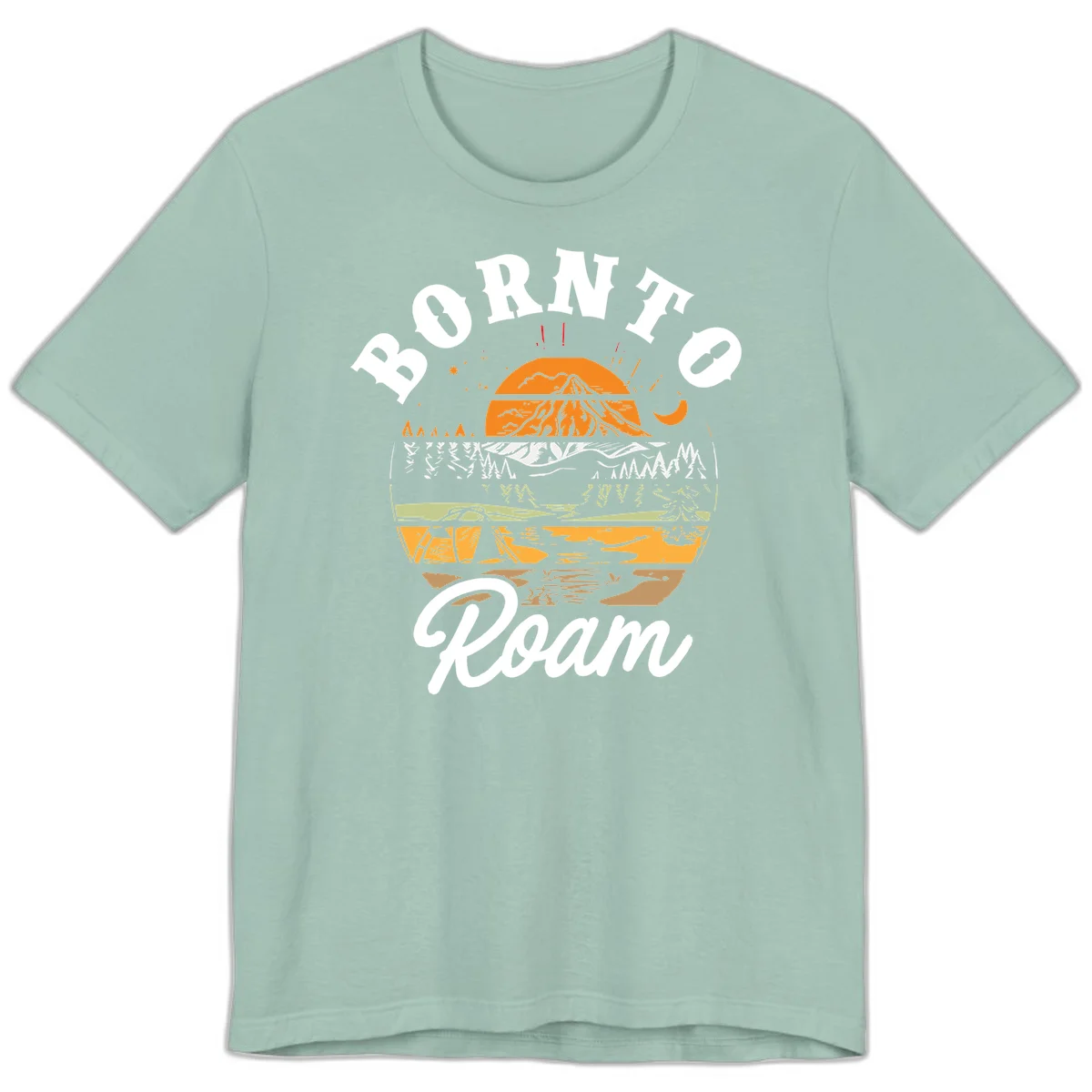 Born to roam camping design featuring layered mountain landscape with roots, forest, and campfire elements in orange, white, and gray. in Dusty Blue