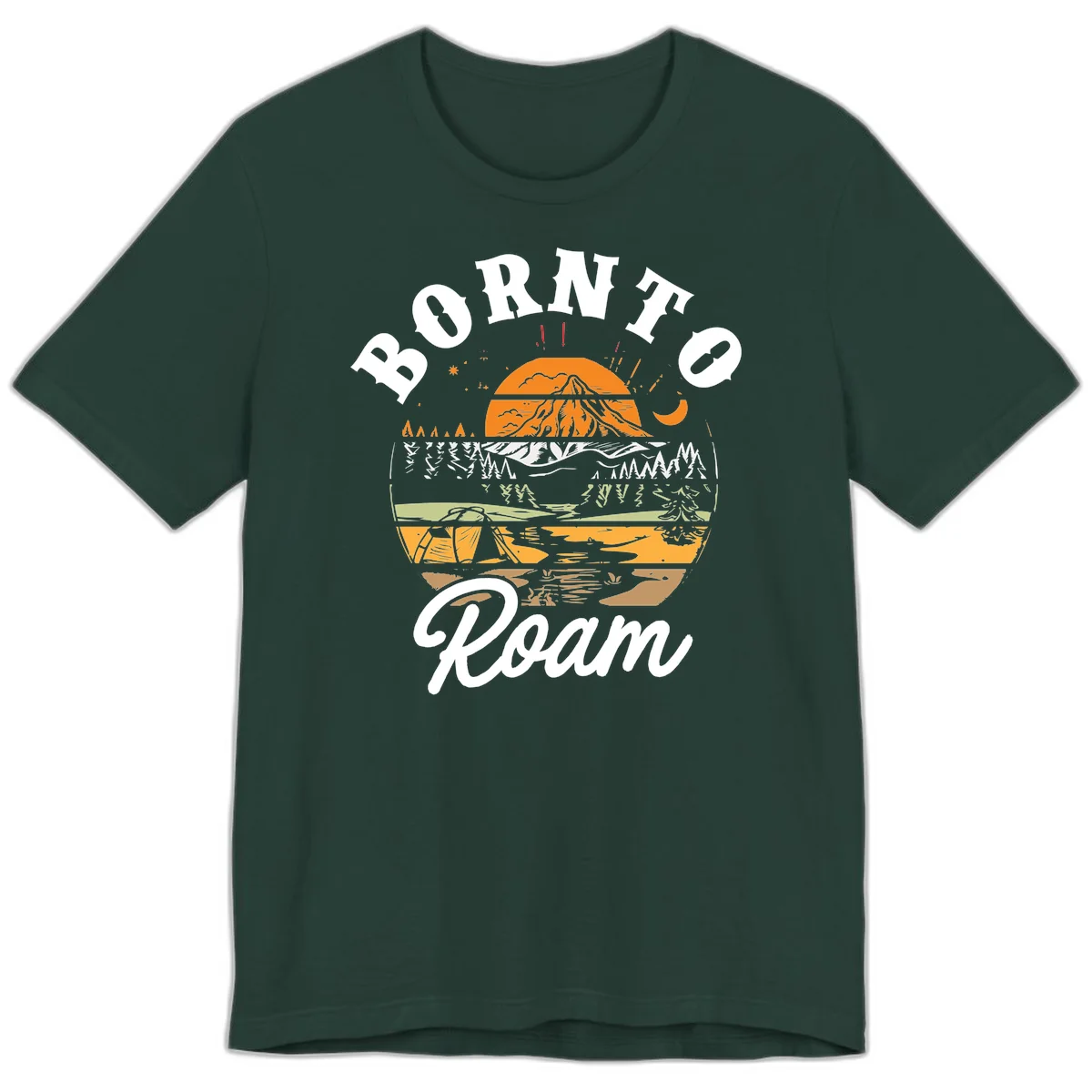Born to roam camping design featuring layered mountain landscape with roots, forest, and campfire elements in orange, white, and gray. in Forest